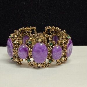 Statement  Vintage Gold Tone Purple Art Glass Bracelet